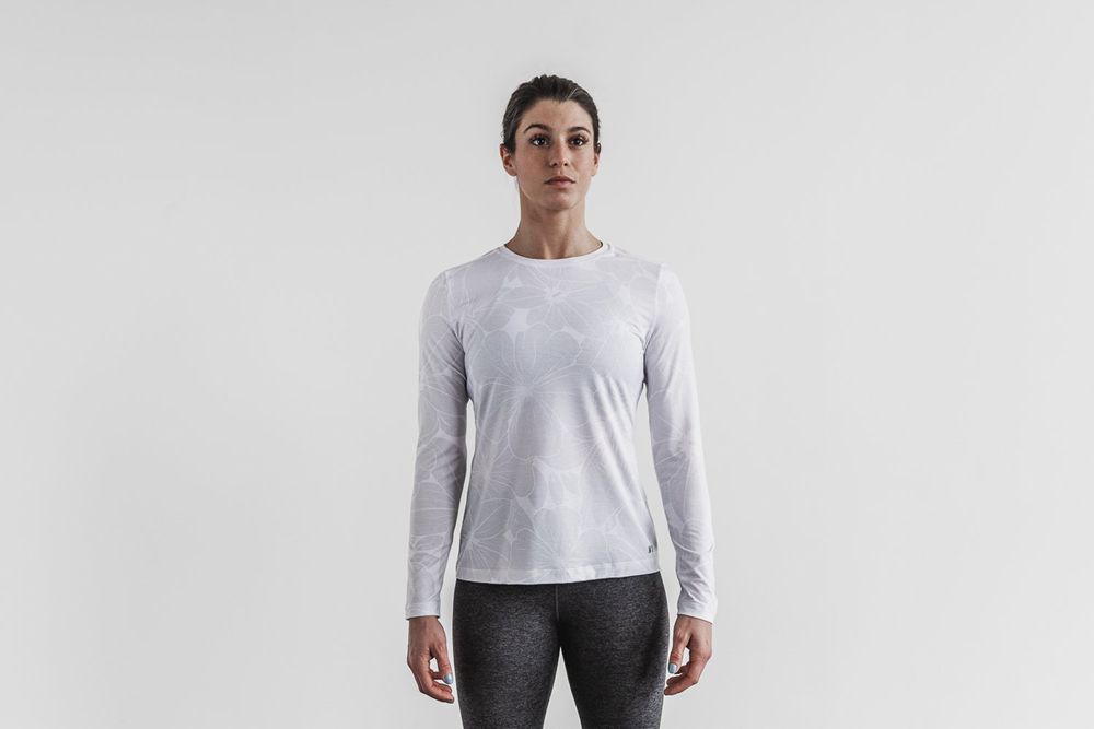 NOBULL Women's Long Sleeve Tee - White Hibiscus - Ireland (3247MOTDP)